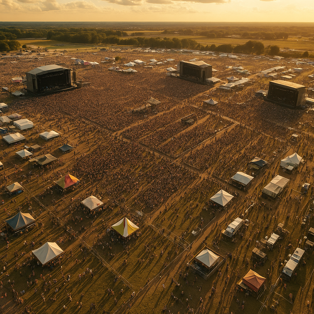 Vue aérienne d'un festival de musique avec foule dense et installations temporaires