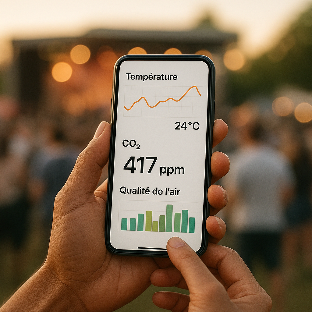 Consultation de données environnementales sur smartphone lors d'un événement