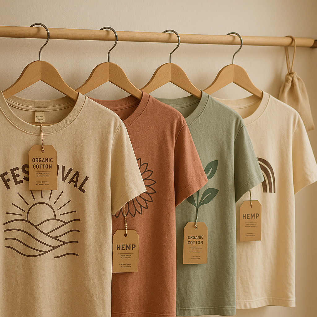 Merchandising de festival avec produits textiles écoresponsables